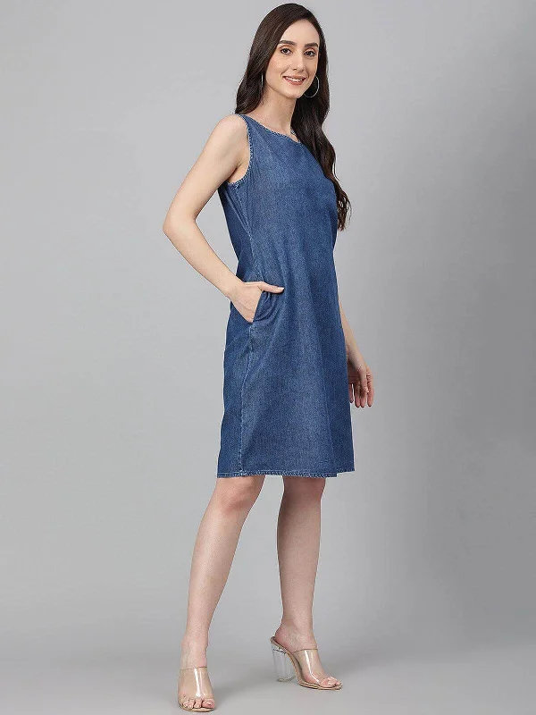 Blue Denim Solid Straight Western Dress