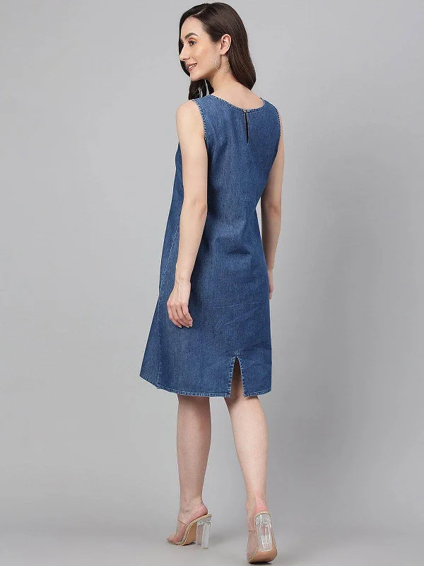 Blue Denim Solid Straight Western Dress