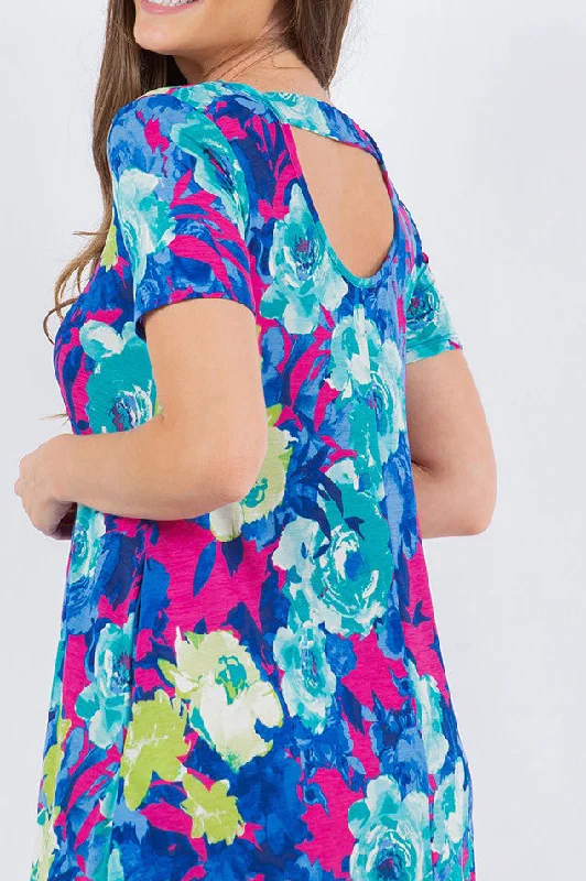 Blue & Pink Floral Ruffle Hem Dress