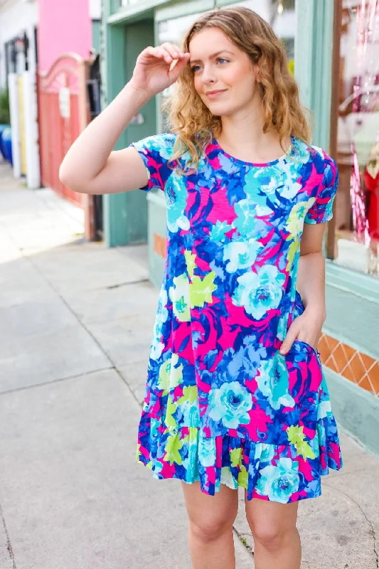 Blue & Pink Floral Ruffle Hem Dress