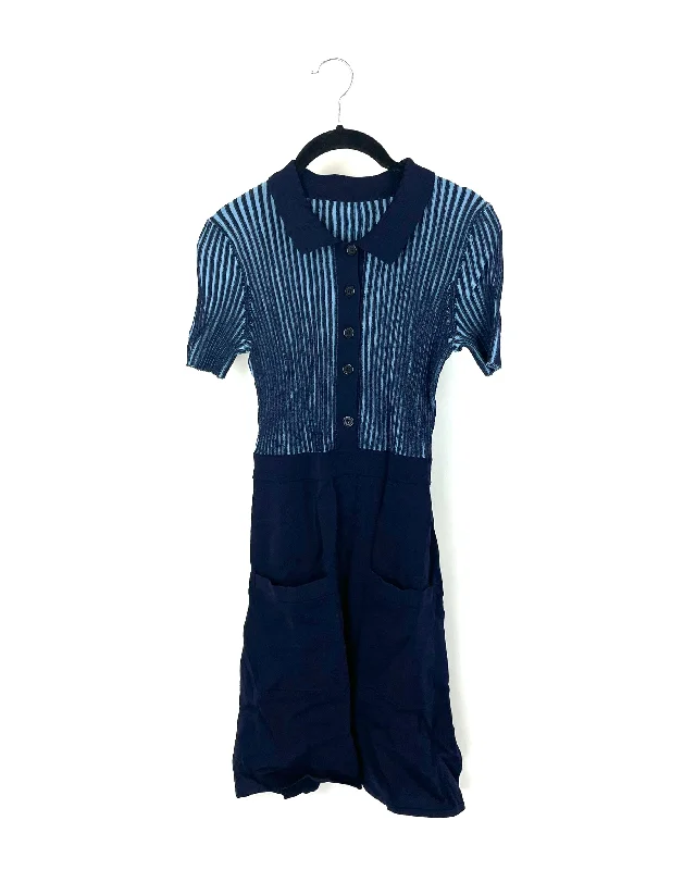 Blue Rib Knit Collared Dress - Size 0/2