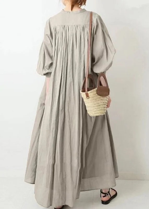 Brief Apricot Stand Collar Low High Design Maxi Shirt Dress Puff Sleeve VB1090