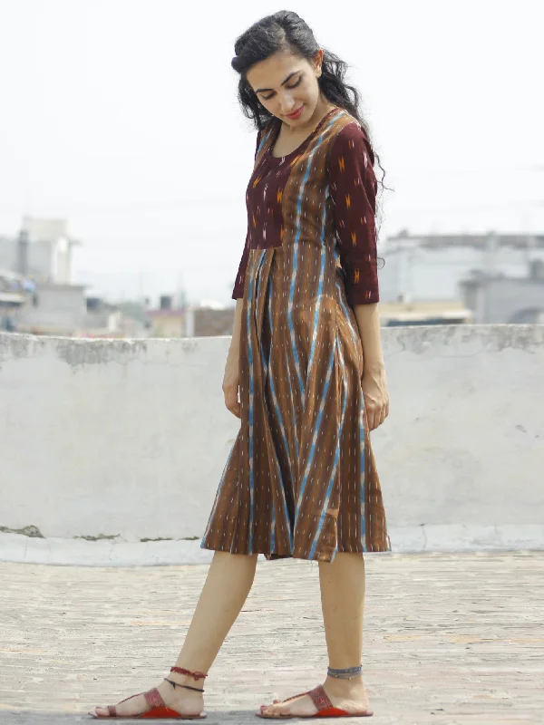 Brown Maroon Blue Orange Ivory Handloom Ikat Cotton Dress -  D111F921