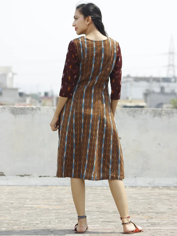 Brown Maroon Blue Orange Ivory Handloom Ikat Cotton Dress -  D111F921