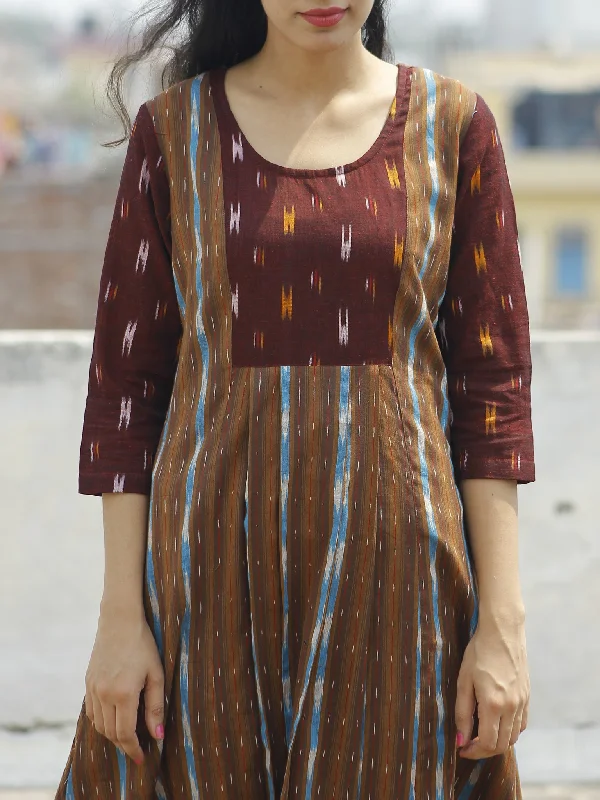 Brown Maroon Blue Orange Ivory Handloom Ikat Cotton Dress -  D111F921