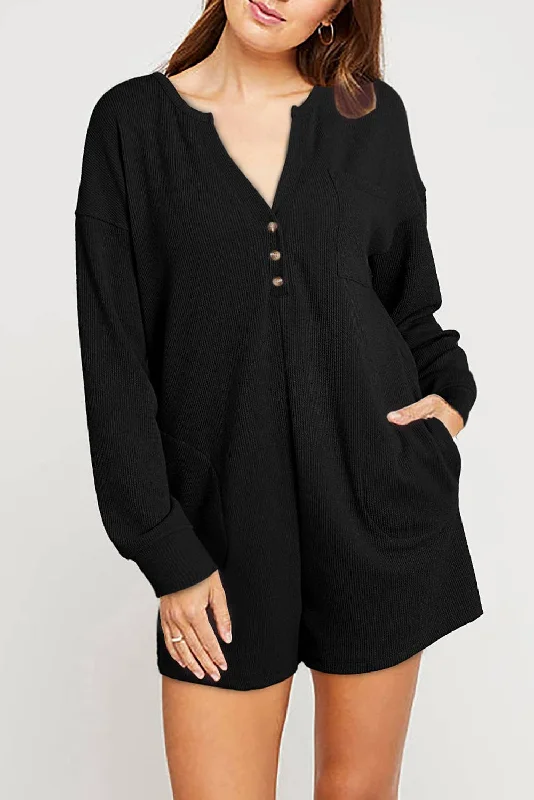 Black V Neck Long Sleeve Romper *FINAL SALE*