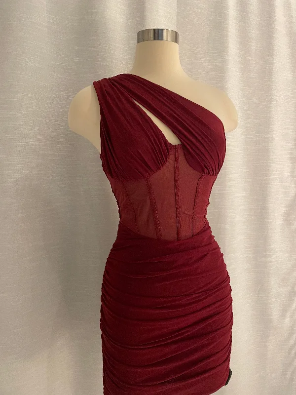 Burgundy One Shoulder Mesh Mini