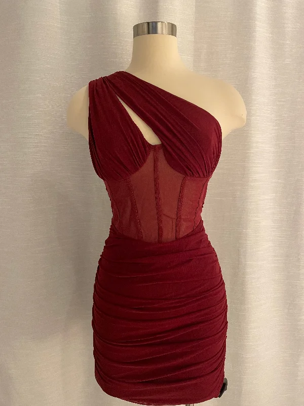 Burgundy One Shoulder Mesh Mini