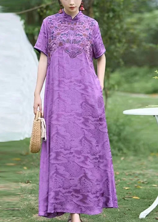 Chinese Style Purple Stand Collar Embroidered Silk Dress Summer WW1016