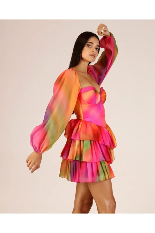 Colorful Balloon Sleeve Mini Dress REF:  TR456TR