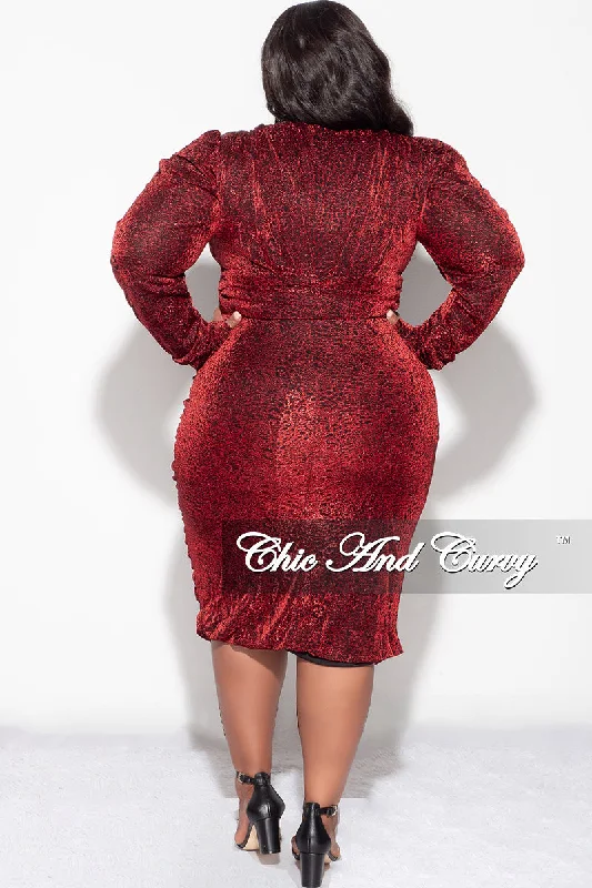 Final Sale Plus Size Shimmer Bodycon Dress with Ruched Center & Ruffle in Red and Black