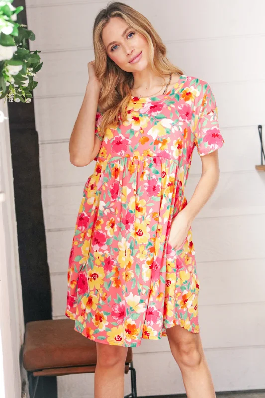 Coral Pink Floral Babydoll Dress