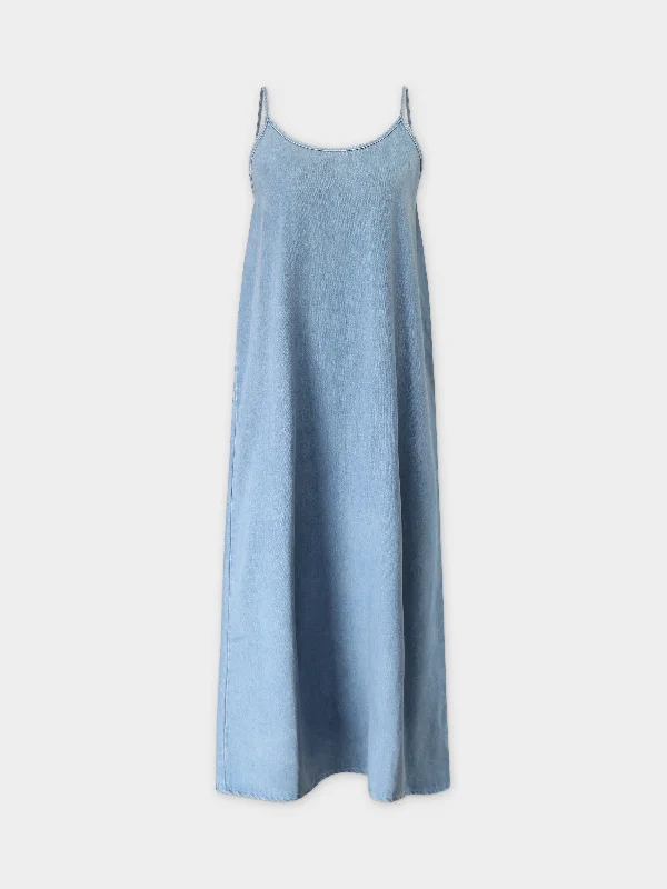 Solid Crew Neck Slip Dress-Light Blue Denim