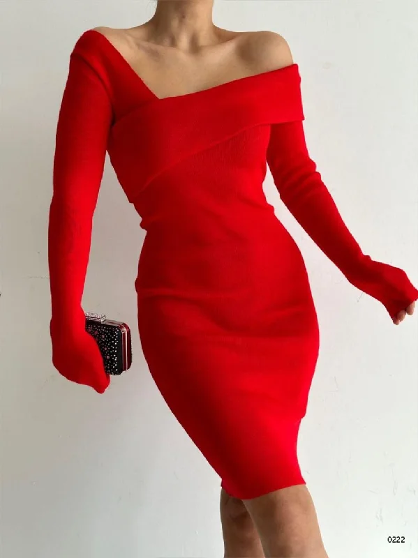 Cross Collar Long Sleeve Design Knitwear red Dress REF : 7729