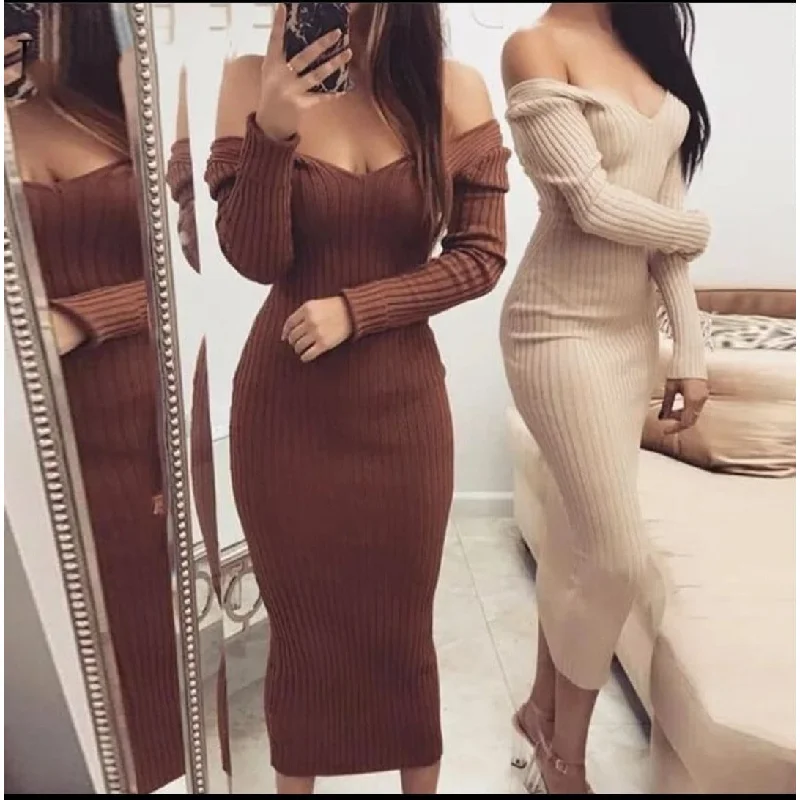 Deep V-Neck Sweater Dress 