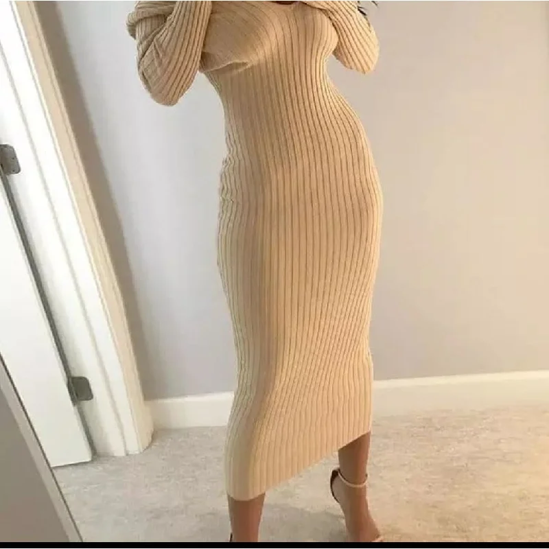 Deep V-Neck Sweater Dress 