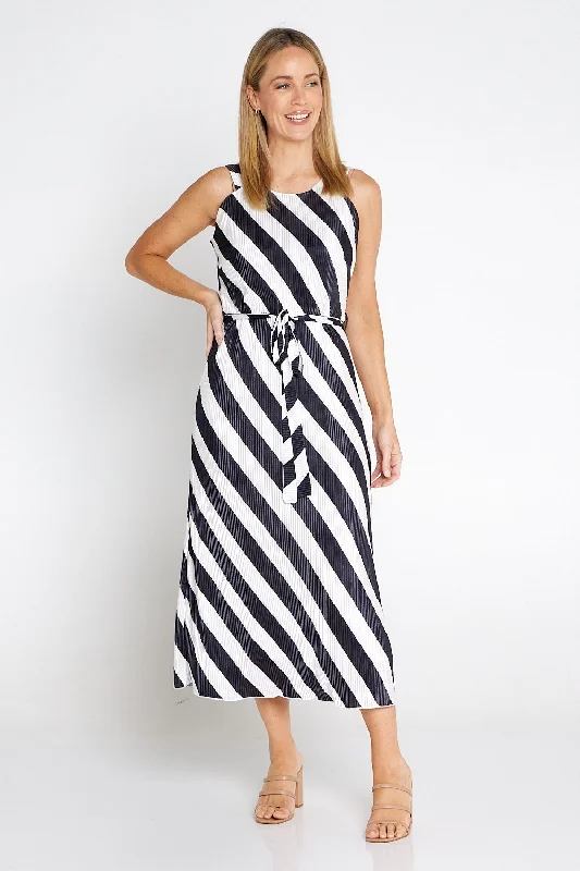 Divia Pleated Satin Dress - Black/White Stripe