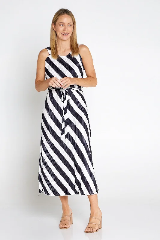 Divia Pleated Satin Dress - Black/White Stripe