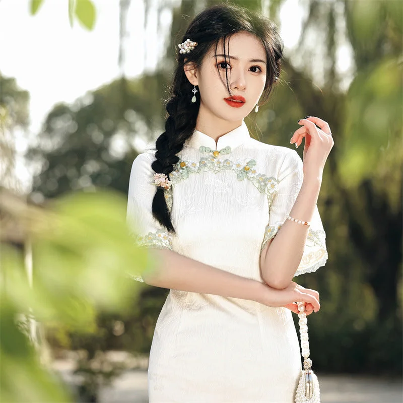 Elastic Lace Round Collar Midi Cheongsam Dress for Young Girls