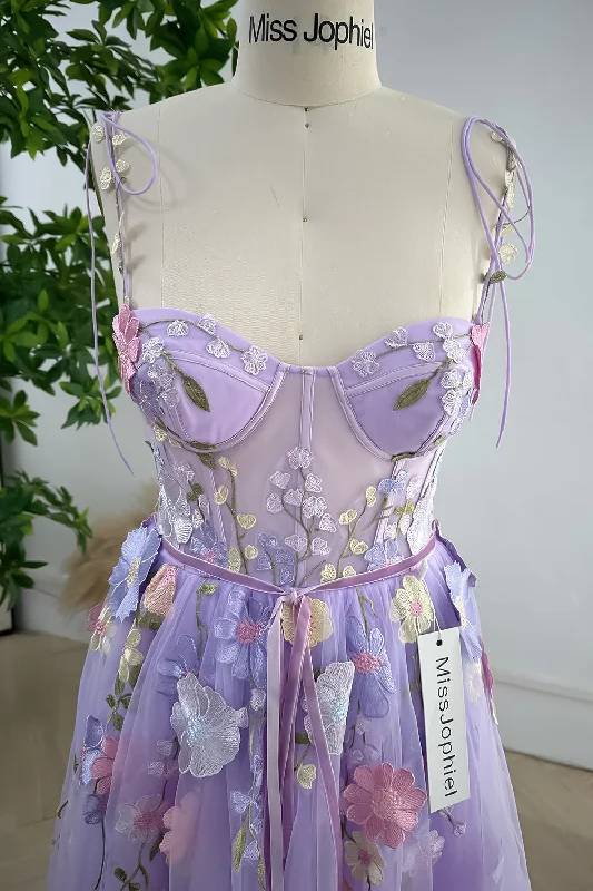 Embroidery Floral Corset Lavender Dress with Removable Tie Straps