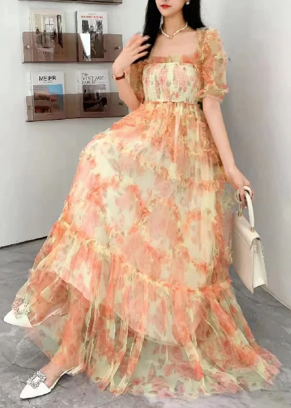 Fashion Blue Square Collar Ruffled Print Tulle Long Dress Summer XX075