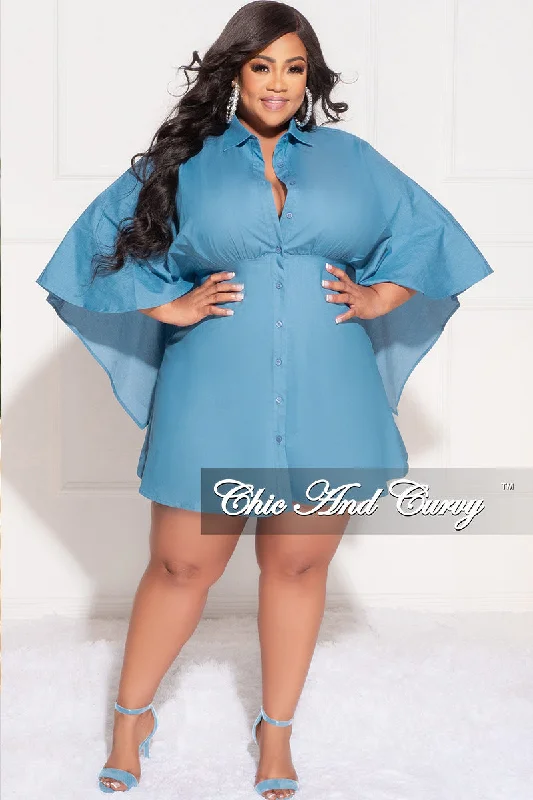 Final Sale Plus Size Collar Button Up Cap Sleeve Dress in Blue