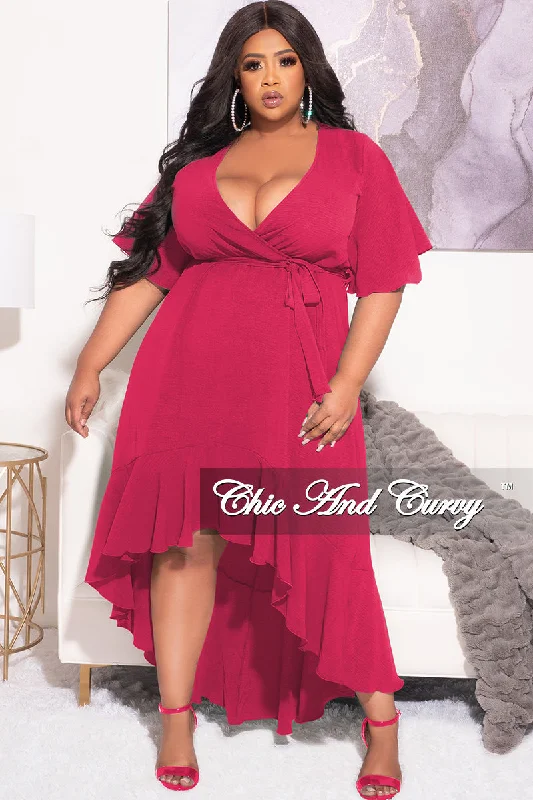 Final Sale Plus Size Faux Wrap High-Low Dress with Waist Tie in Pink Fuchsia