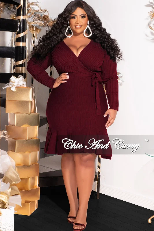 Final Sale Plus Size Faux Wrap Ribbed BodyCon Dress with Waist Tie and Bottom Ruffle in Burgundy