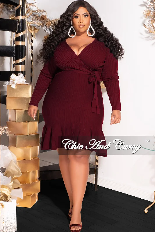 Final Sale Plus Size Faux Wrap Ribbed BodyCon Dress with Waist Tie and Bottom Ruffle in Burgundy