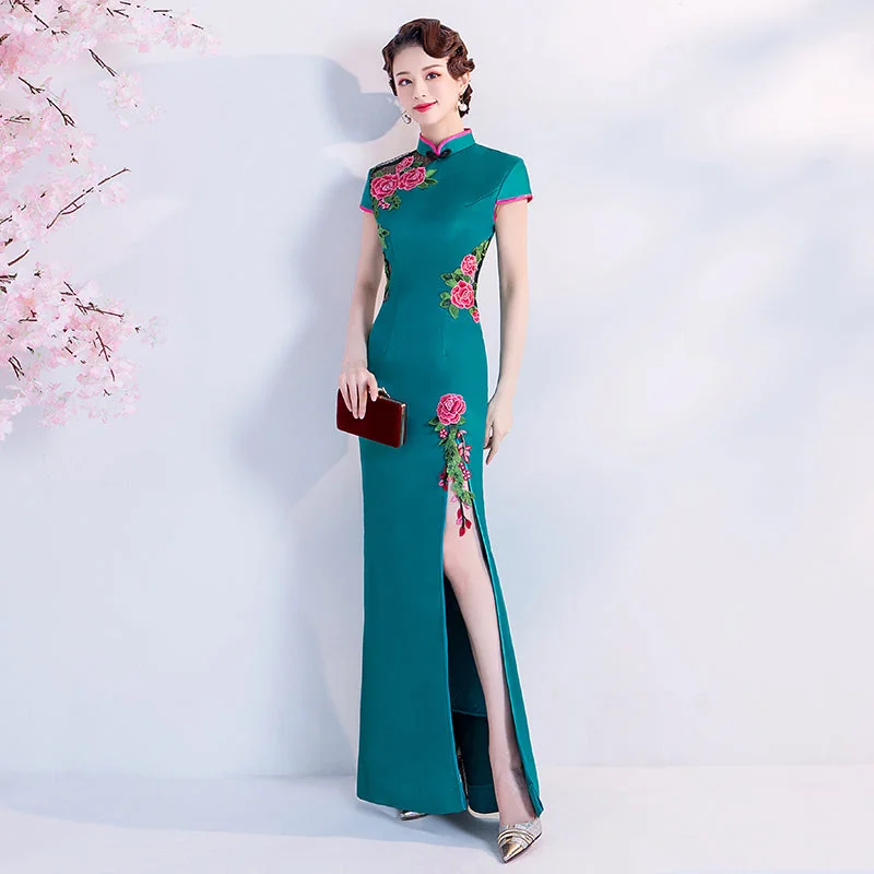 Floral Embroidery Appliques Cheongsam Top A-line Evening Dress