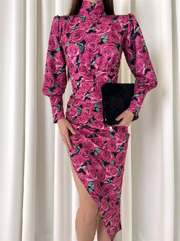 Floral Patterned Turtleneck Side Slit Cuff Sleeve Corey Women's Fuchsia Midi Dress REF : 23K000449