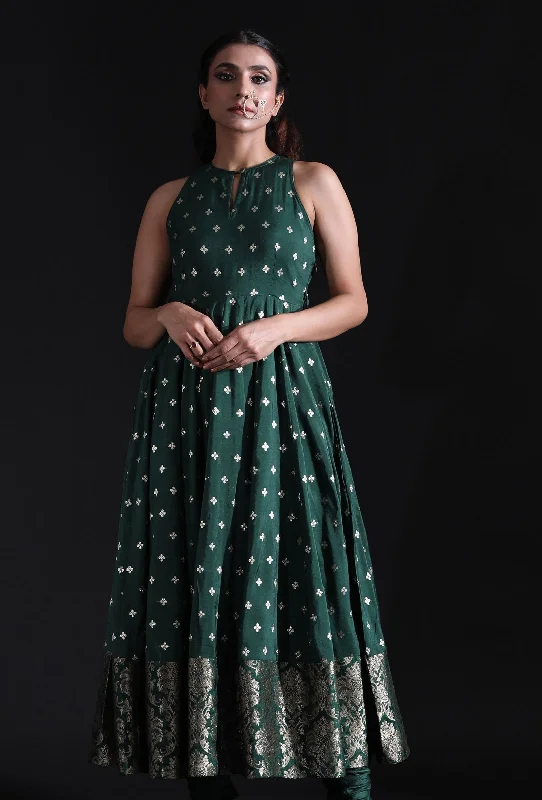 Forest Green Muslin Buti Flared Dress With Brocade Detailed Border