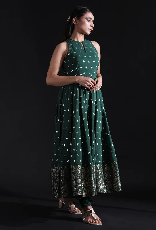 Forest Green Muslin Buti Flared Dress With Brocade Detailed Border