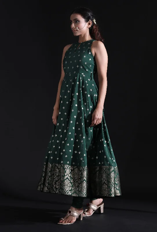 Forest Green Muslin Buti Flared Dress With Brocade Detailed Border