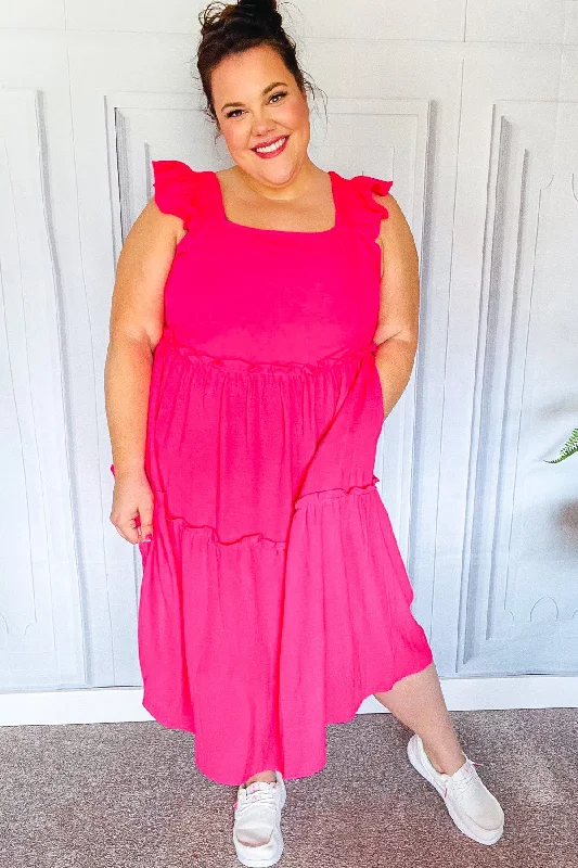 Fuchsia Smocked Flutter Sleeve Tiered Midi Dress