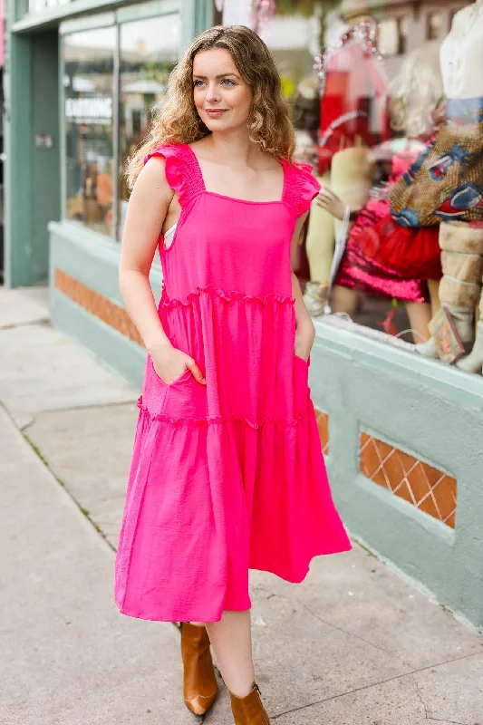 Fuchsia Smocked Flutter Sleeve Tiered Midi Dress