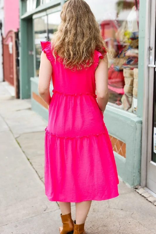 Fuchsia Smocked Flutter Sleeve Tiered Midi Dress