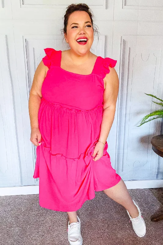 Fuchsia Smocked Flutter Sleeve Tiered Midi Dress