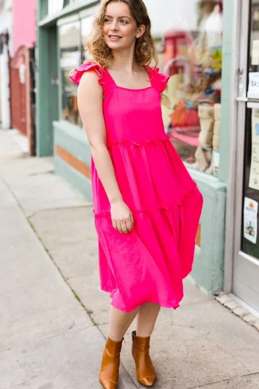 Fuchsia Smocked Flutter Sleeve Tiered Midi Dress