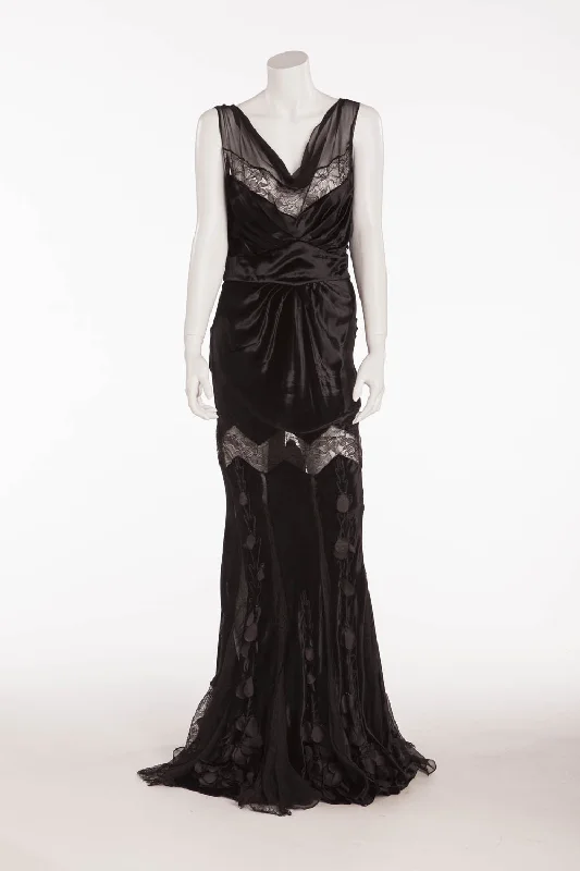 John Galliano - Black Velvet Long Gown with Lace & Embellishments - FR 40