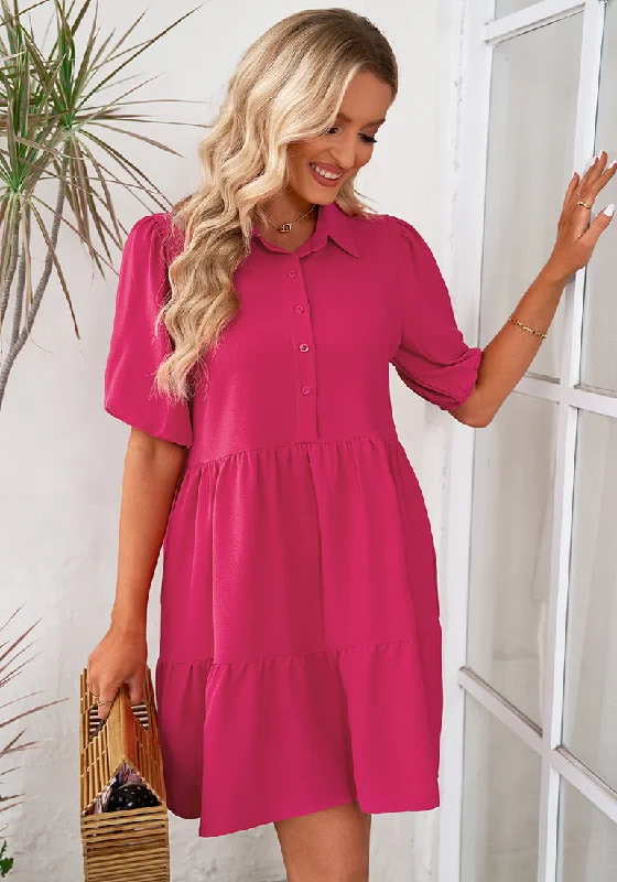 Hot Pink Flowy Dresses for Women Babydoll Shirt Dress Business Casual Work Modest Puff Sleeve Short Dress