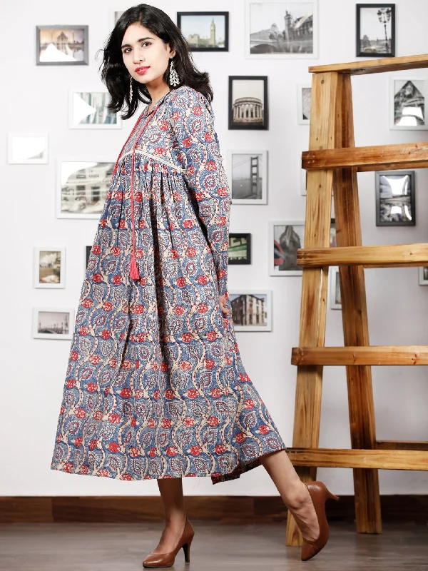 Indigo Beige Coral Hand Block Printed Cotton Dress With Full Sleeves - D270F1379