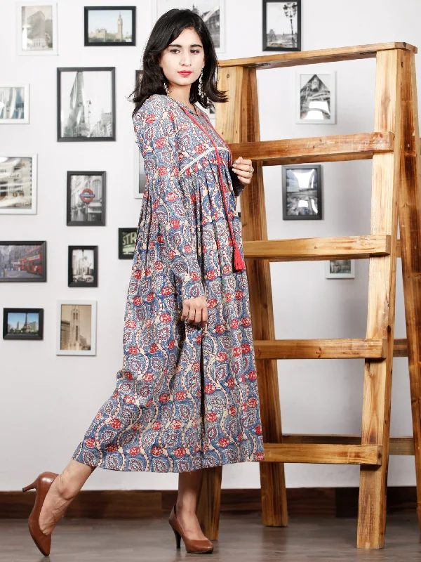 Indigo Beige Coral Hand Block Printed Cotton Dress With Full Sleeves - D270F1379