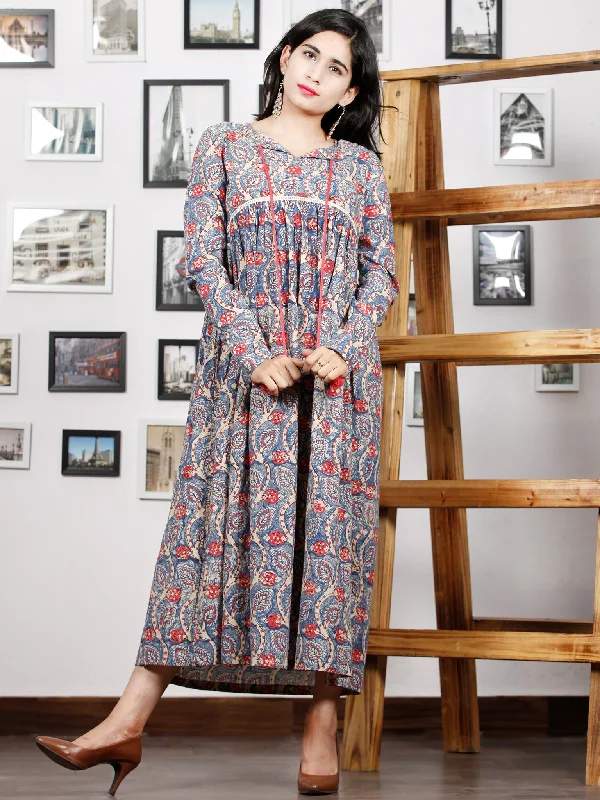 Indigo Beige Coral Hand Block Printed Cotton Dress With Full Sleeves - D270F1379