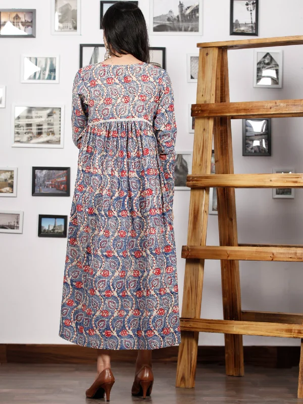 Indigo Beige Coral Hand Block Printed Cotton Dress With Full Sleeves - D270F1379