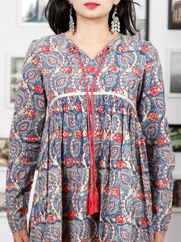 Indigo Beige Coral Hand Block Printed Cotton Dress With Full Sleeves - D270F1379