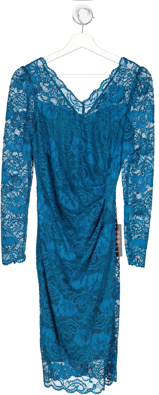 Jolie Moi Blue V Neck 3/4 Sleeve Lace Dress UK 10