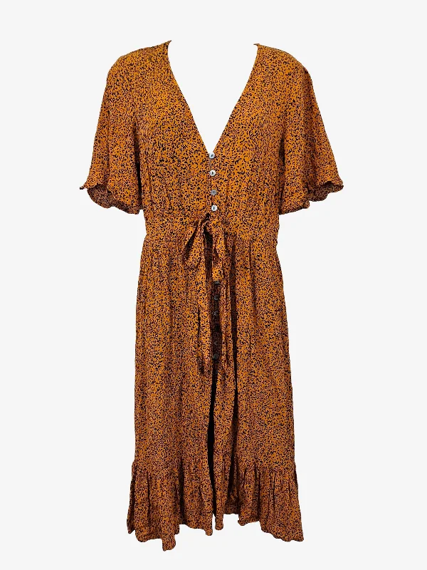 Kivari Patterned Chestnut Frilled Midi Dress Size M