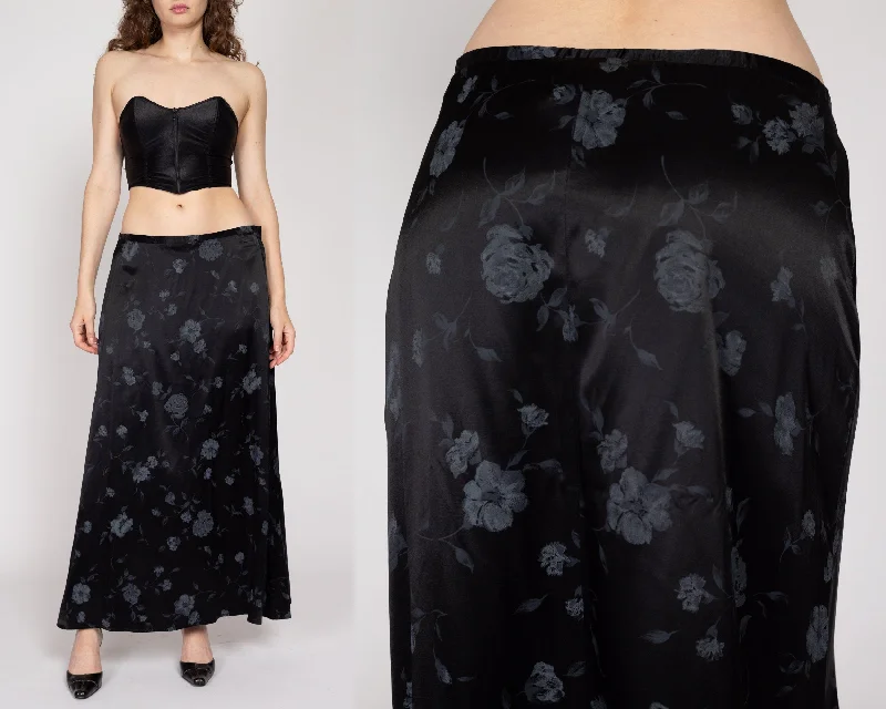 Large 80s Black Floral Satin Maxi Skirt