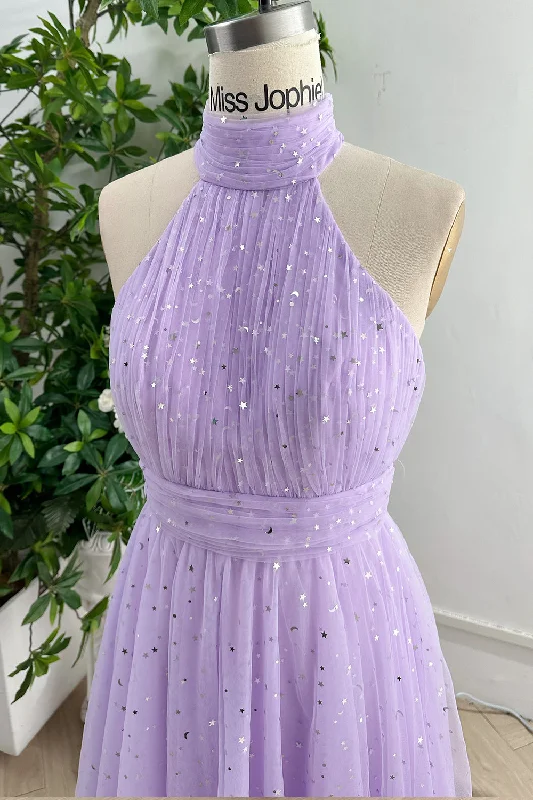 Lavender Halter High Neck Floor Length Prom Dress Homecoming